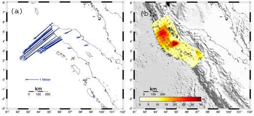 Gambar 2. Pergeseran horizontal koseismik dari gempa Aceh serta distribusi slip hasil inversi. (Irwan dkk, 2006) 